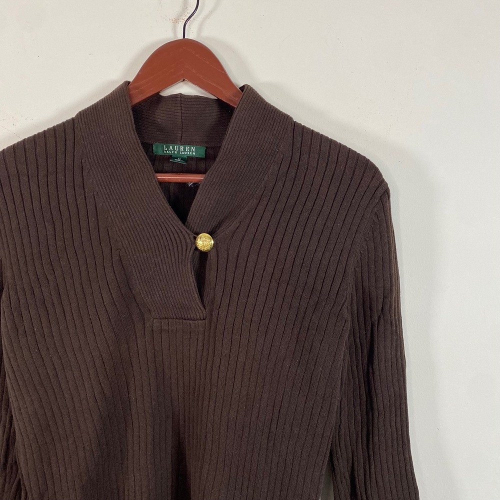 Lauren Ralph Lauren Chocolate Brown Ribbed Sweater Shawl Collar Gold Button Med - Picture 4 of 6